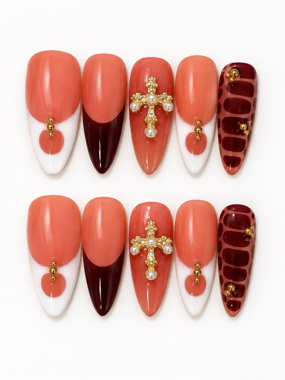Peach Coral & Burgundy Gel Press-On Nail Set with Gold Cross Accents Acrylic